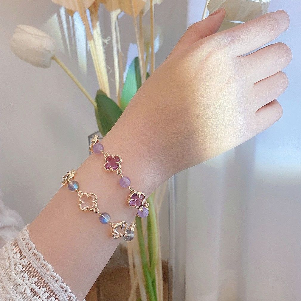New Natural Grey Moonlight Stone Bracelet, Amethyst Clover Bracelet, Instagram Luxury and Unique Design Best Friend Handicraft Gift