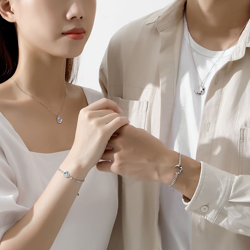 Original Star Moon Little Prince and Rose Couple Necklace/Bracelet, Creative Silver Design, Planet Lock, Fashion Moonlight Stone Flower Collar Chain/Bracelet, Valentine's Day/Birthday Gift