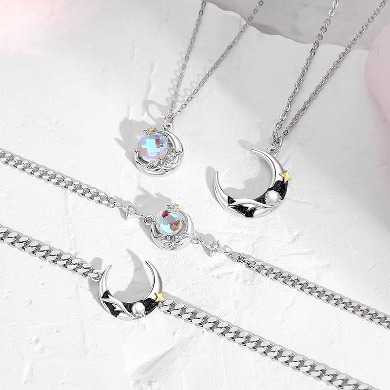 Original Star Moon Little Prince and Rose Couple Necklace/Bracelet, Creative Silver Design, Planet Lock, Fashion Moonlight Stone Flower Collar Chain/Bracelet, Valentine's Day/Birthday Gift