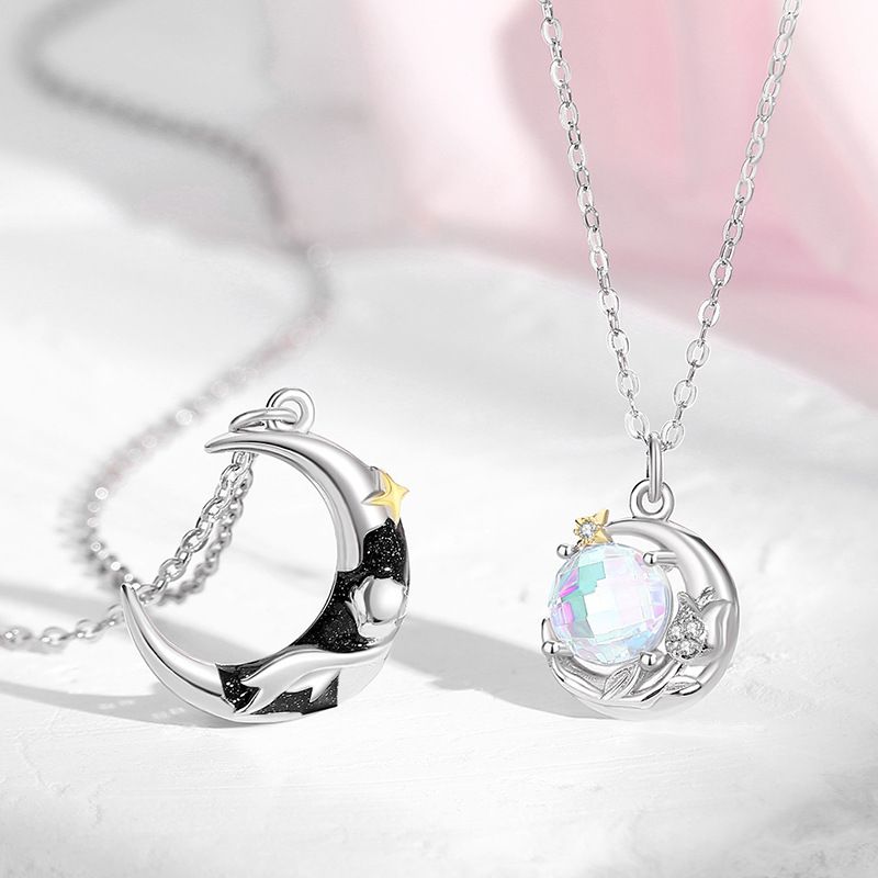 Original Star Moon Little Prince and Rose Couple Necklace/Bracelet, Creative Silver Design, Planet Lock, Fashion Moonlight Stone Flower Collar Chain/Bracelet, Valentine's Day/Birthday Gift