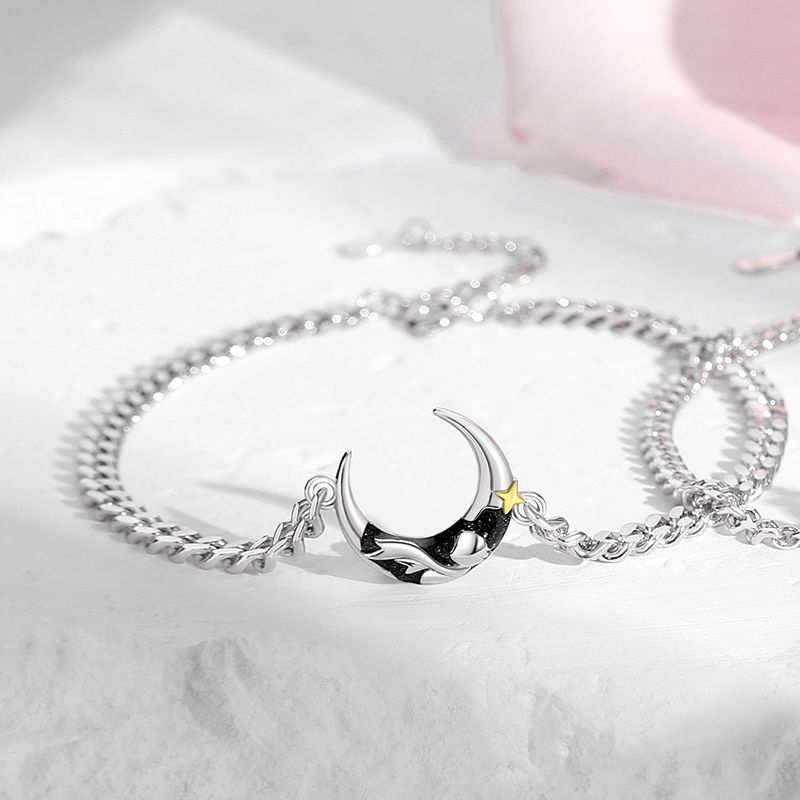 Original Star Moon Little Prince and Rose Couple Necklace/Bracelet, Creative Silver Design, Planet Lock, Fashion Moonlight Stone Flower Collar Chain/Bracelet, Valentine's Day/Birthday Gift