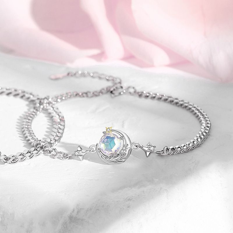 Original Star Moon Little Prince and Rose Couple Necklace/Bracelet, Creative Silver Design, Planet Lock, Fashion Moonlight Stone Flower Collar Chain/Bracelet, Valentine's Day/Birthday Gift