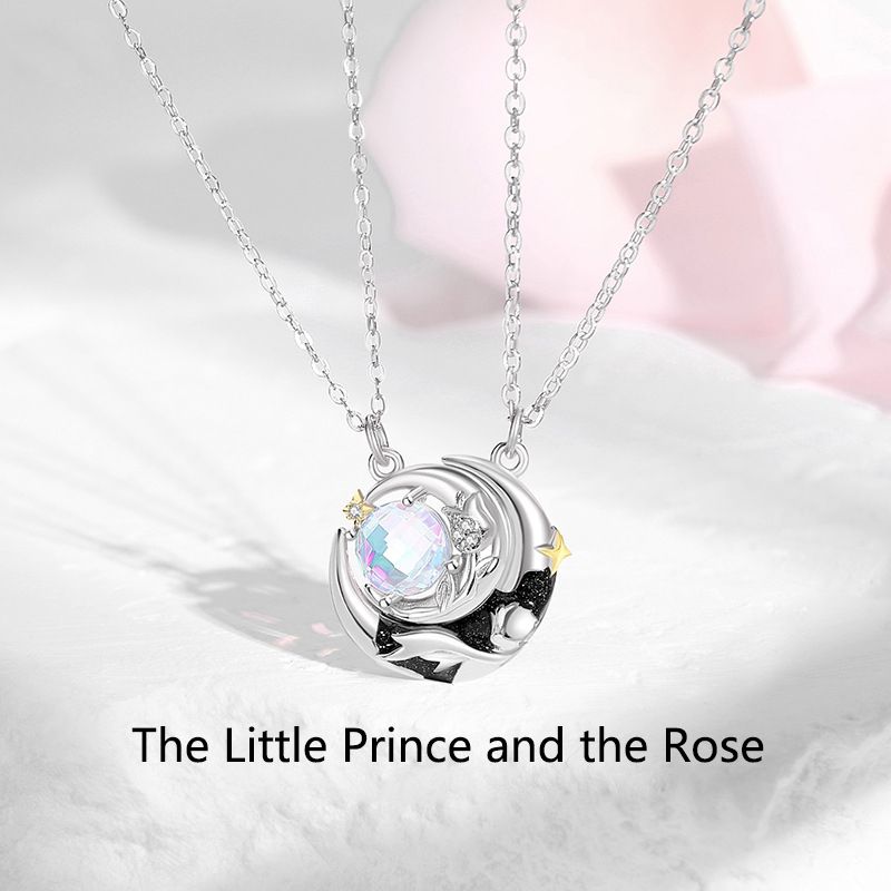 Original Star Moon Little Prince and Rose Couple Necklace/Bracelet, Creative Silver Design, Planet Lock, Fashion Moonlight Stone Flower Collar Chain/Bracelet, Valentine's Day/Birthday Gift
