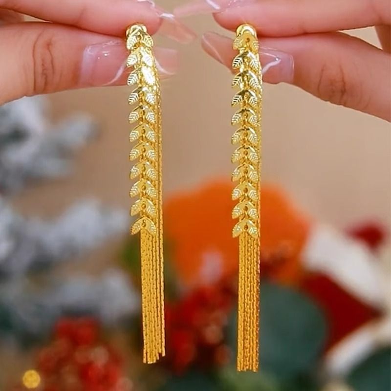High end wheat ear long tassel earrings with two wearing silver needles, fashionable and personalized, light luxury design, revealing face, slim earrings for women