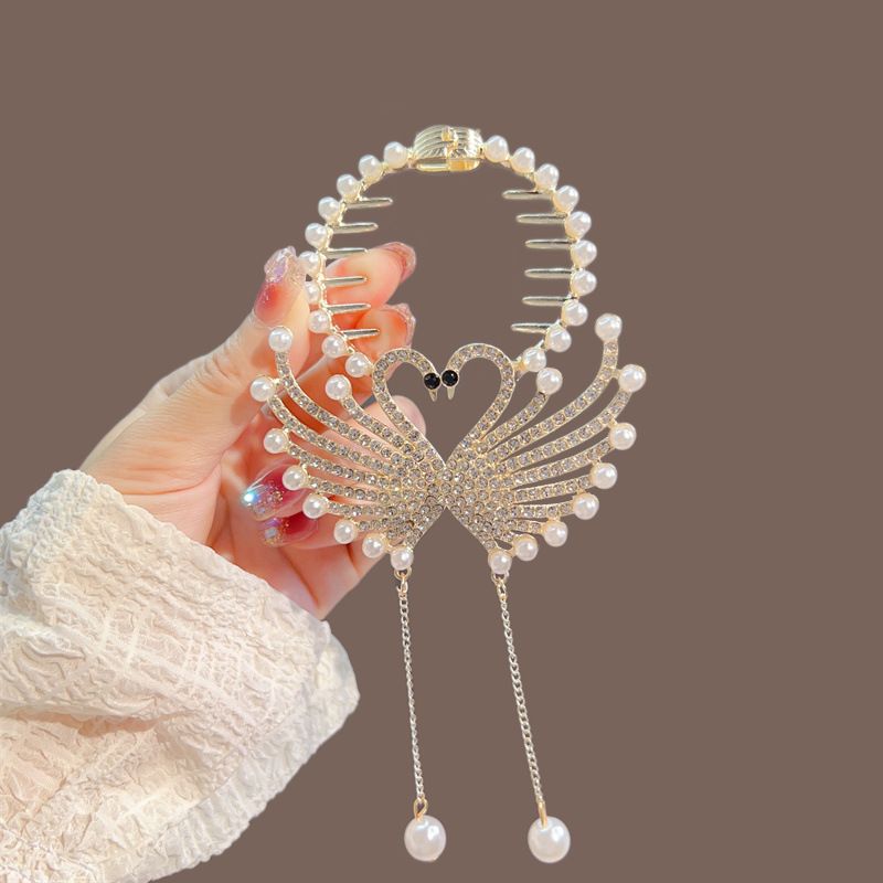 The new tassel pearl flower hair clip, with a curled hair clip at the back of the head for women, is a high-end and stylish ball shaped hair accessory that is versatile and stylish,Not easy to fall of