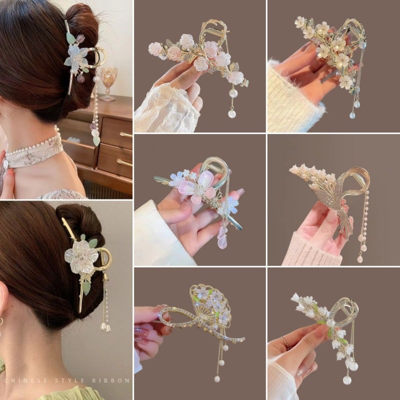 New Linglan flower tassel curled hair clip hair accessory, antique style hair clip at the back of the head, summer flower shark clip for women's hair clip, fashionable and elegant,Minimalist and versa