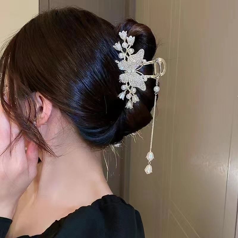 New Linglan flower tassel curled hair clip hair accessory, antique style hair clip at the back of the head, summer flower shark clip for women's hair clip, fashionable and elegant,Minimalist and versa