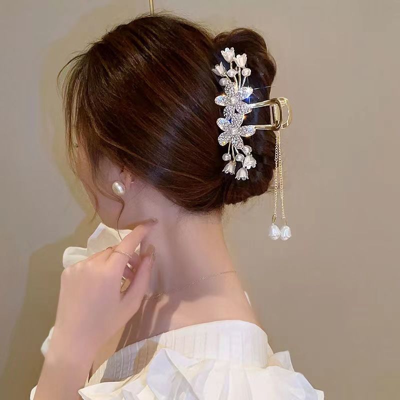 New Linglan flower tassel curled hair clip hair accessory, antique style hair clip at the back of the head, summer flower shark clip for women's hair clip, fashionable and elegant,Minimalist and versa