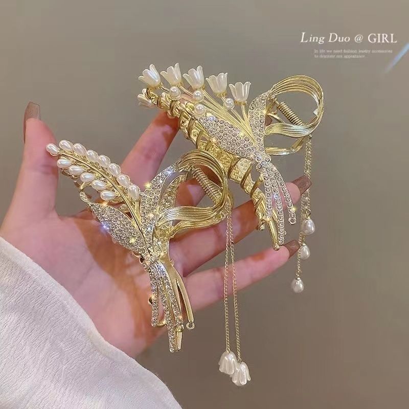 New Linglan flower tassel curled hair clip hair accessory, antique style hair clip at the back of the head, summer flower shark clip for women's hair clip, fashionable and elegant,Minimalist and versa