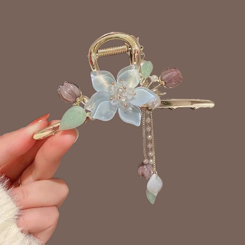 New Linglan flower tassel curled hair clip hair accessory, antique style hair clip at the back of the head, summer flower shark clip for women's hair clip, fashionable and elegant