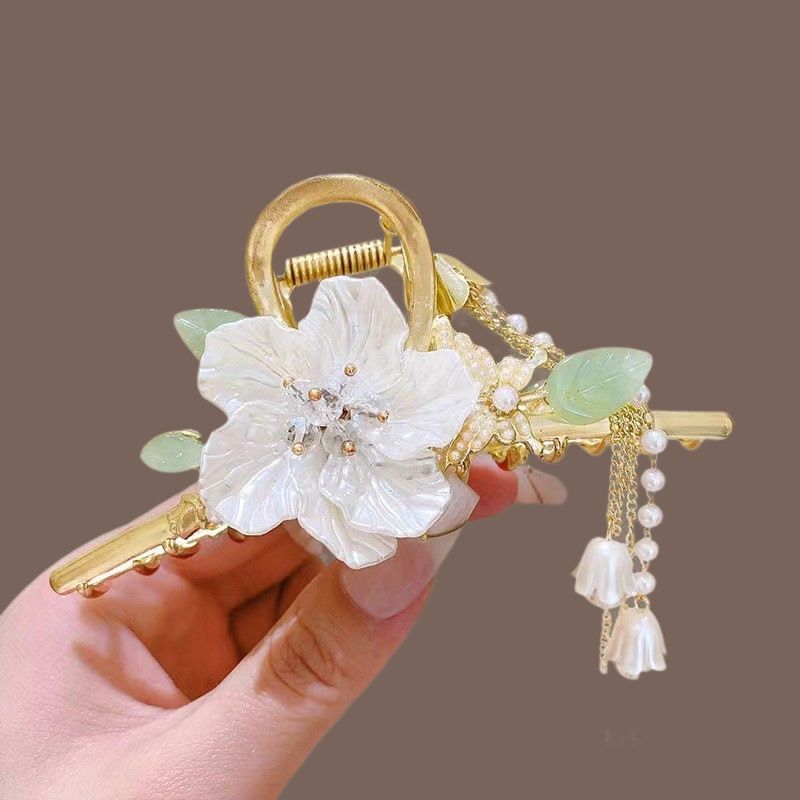 New Linglan flower tassel curled hair clip hair accessory, antique style hair clip at the back of the head, summer flower shark clip for women's hair clip, fashionable and elegant