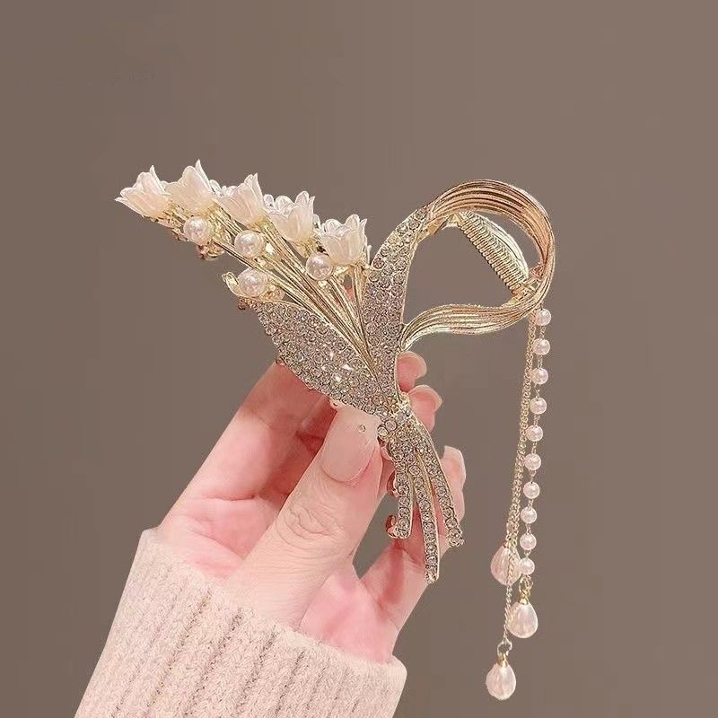 New Linglan flower tassel curled hair clip hair accessory, antique style hair clip at the back of the head, summer flower shark clip for women's hair clip, fashionable and elegant