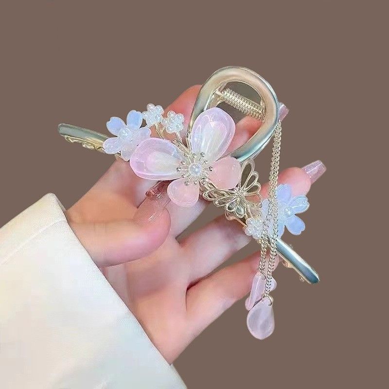 New Linglan flower tassel curled hair clip hair accessory, antique style hair clip at the back of the head, summer flower shark clip for women's hair clip, fashionable and elegant