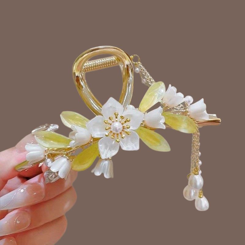 New Linglan flower tassel curled hair clip hair accessory, antique style hair clip at the back of the head, summer flower shark clip for women's hair clip, fashionable and elegant