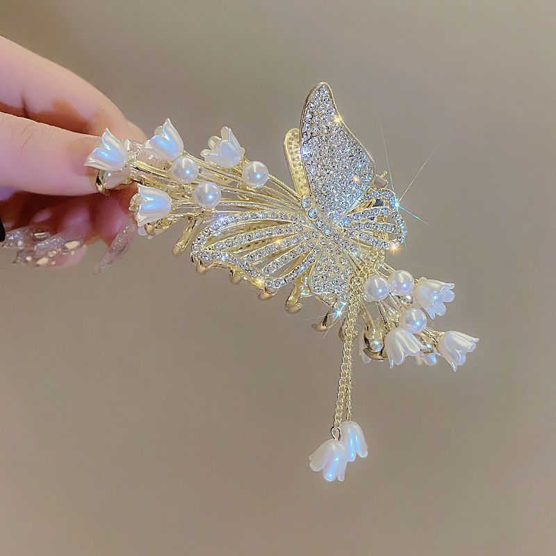 New Linglan flower tassel curled hair clip hair accessory, antique style hair clip at the back of the head, summer flower shark clip for women's hair clip, fashionable and elegant