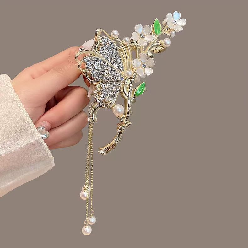 New Linglan flower tassel curled hair clip hair accessory, antique style hair clip at the back of the head, summer flower shark clip for women's hair clip, fashionable and elegant