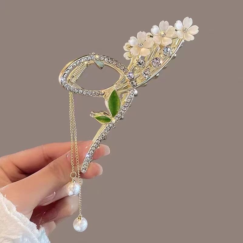 New Linglan flower tassel curled hair clip hair accessory, antique style hair clip at the back of the head, summer flower shark clip for women's hair clip, fashionable and elegant