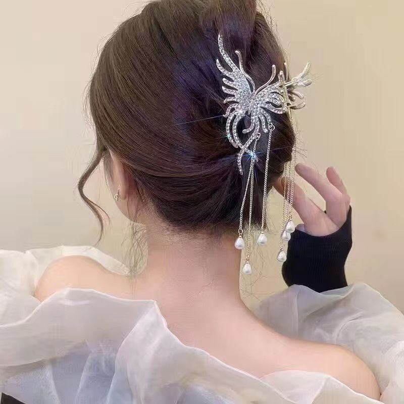 New Linglan flower tassel curled hair clip hair accessory, antique style hair clip at the back of the head, summer flower shark clip for women's hair clip, fashionable and elegant,Minimalist and versa