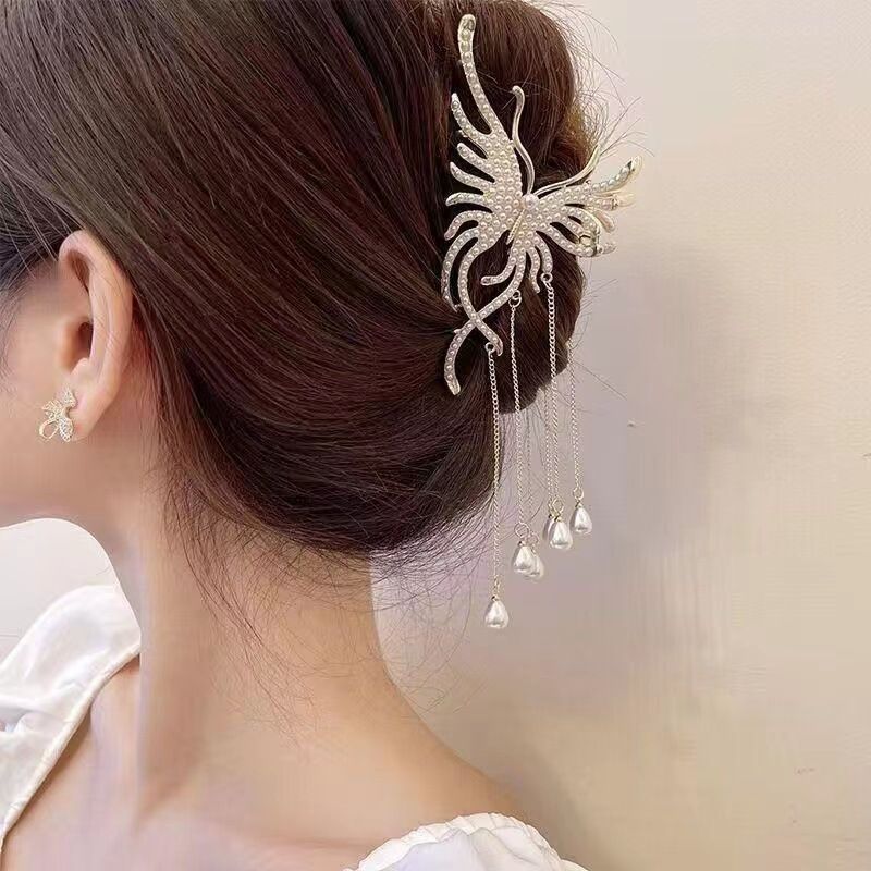 New Linglan flower tassel curled hair clip hair accessory, antique style hair clip at the back of the head, summer flower shark clip for women's hair clip, fashionable and elegant,Minimalist and versa