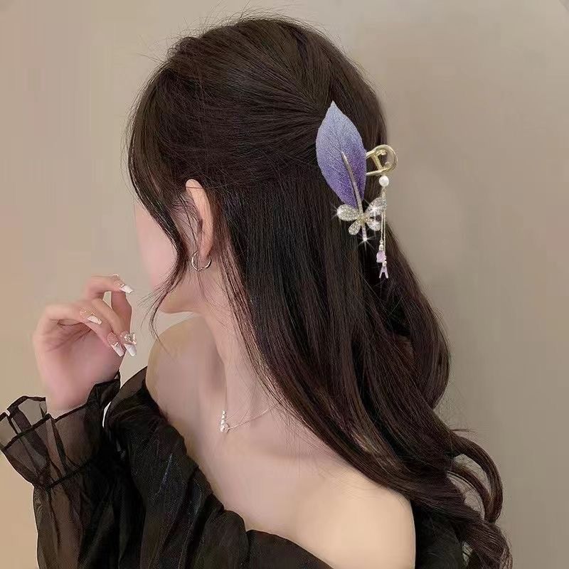New Linglan flower tassel curled hair clip hair accessory, antique style hair clip at the back of the head, summer flower shark clip for women's hair clip, fashionable and elegant,Minimalist and versa