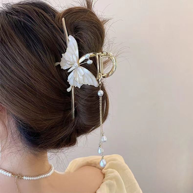 New Linglan flower tassel curled hair clip hair accessory, antique style hair clip at the back of the head, summer flower shark clip for women's hair clip, fashionable and elegant,Minimalist and versa