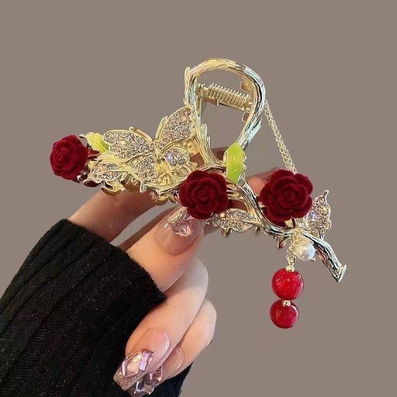 New Linglan flower tassel curled hair clip hair accessory, antique style hair clip at the back of the head, summer flower shark clip for women's hair clip, fashionable and elegant,Minimalist and versa