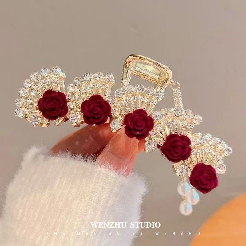 New Linglan flower tassel curled hair clip hair accessory, antique style hair clip at the back of the head, summer flower shark clip for women's hair clip, fashionable and elegant,Minimalist and versa