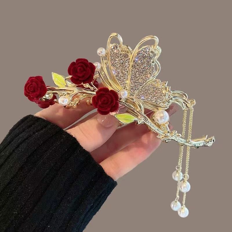 New Linglan flower tassel curled hair clip hair accessory, antique style hair clip at the back of the head, summer flower shark clip for women's hair clip, fashionable and elegant,Minimalist and versa
