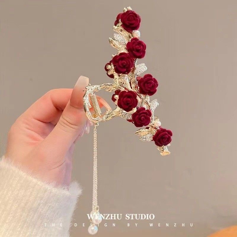 New Linglan flower tassel curled hair clip hair accessory, antique style hair clip at the back of the head, summer flower shark clip for women's hair clip, fashionable and elegant,Minimalist and versa