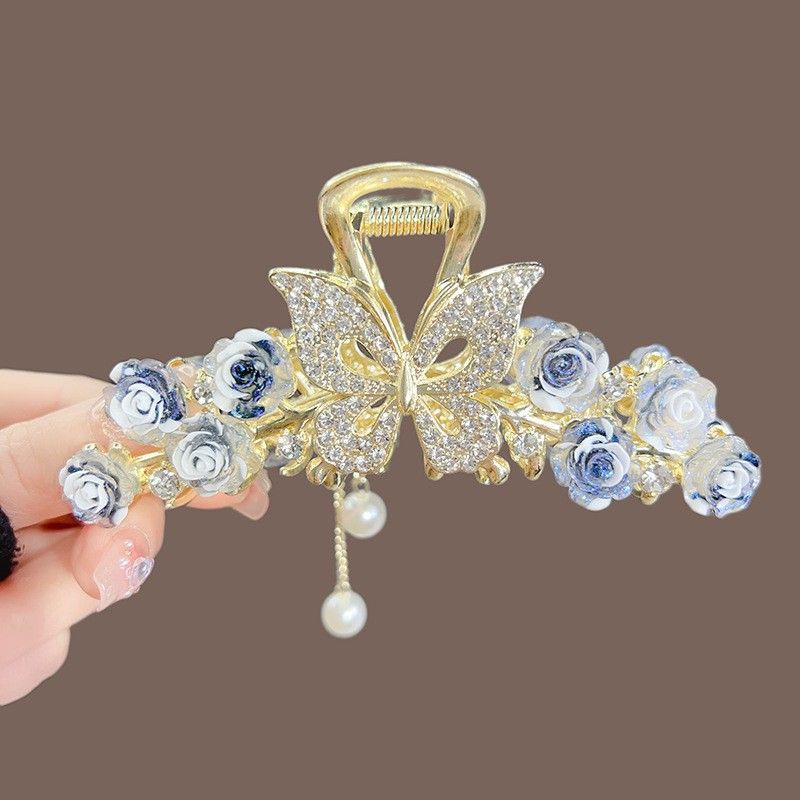 New Linglan flower tassel curled hair clip hair accessory, antique style hair clip at the back of the head, summer flower shark clip for women's hair clip, fashionable and elegant,Minimalist and versa