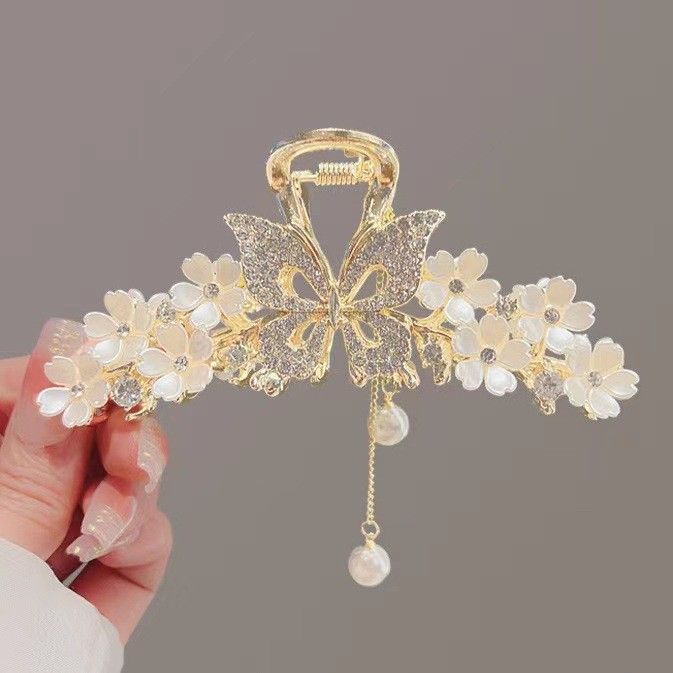 New Linglan flower tassel curled hair clip hair accessory, antique style hair clip at the back of the head, summer flower shark clip for women's hair clip, fashionable and elegant,Minimalist and versa