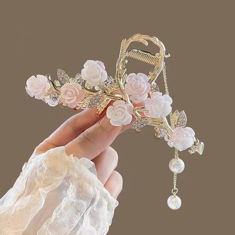 New Linglan flower tassel curled hair clip hair accessory, antique style hair clip at the back of the head, summer flower shark clip for women's hair clip, fashionable and elegant,Minimalist and versa