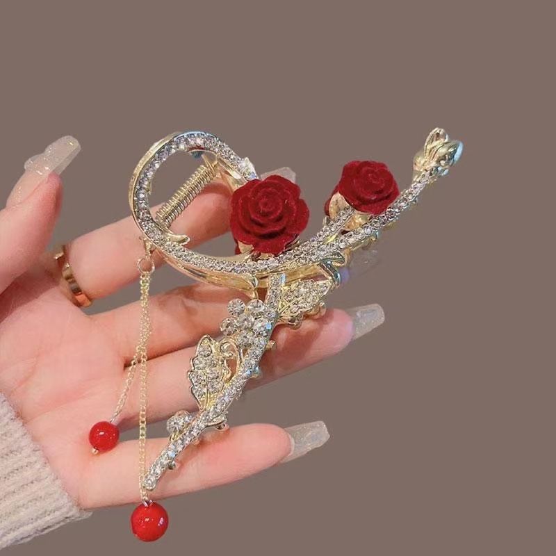 New Linglan flower tassel curled hair clip hair accessory, antique style hair clip at the back of the head, summer flower shark clip for women's hair clip, fashionable and elegant,Minimalist and versa