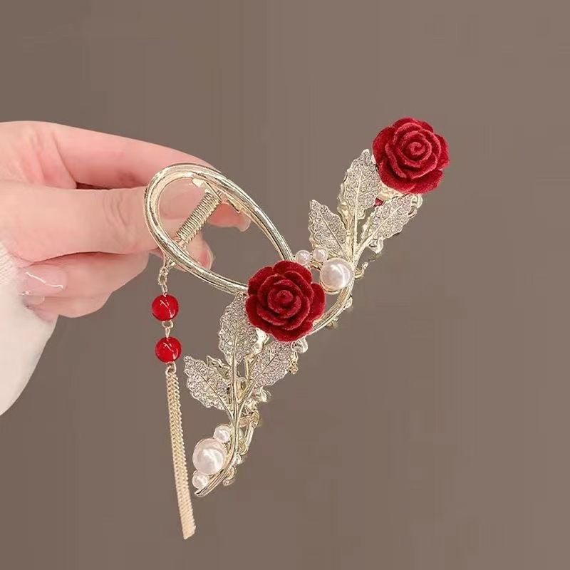 New Linglan flower tassel curled hair clip hair accessory, antique style hair clip at the back of the head, summer flower shark clip for women's hair clip, fashionable and elegant,Minimalist and versa