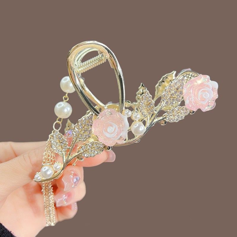 New Linglan flower tassel curled hair clip hair accessory, antique style hair clip at the back of the head, summer flower shark clip for women's hair clip, fashionable and elegant,Minimalist and versa