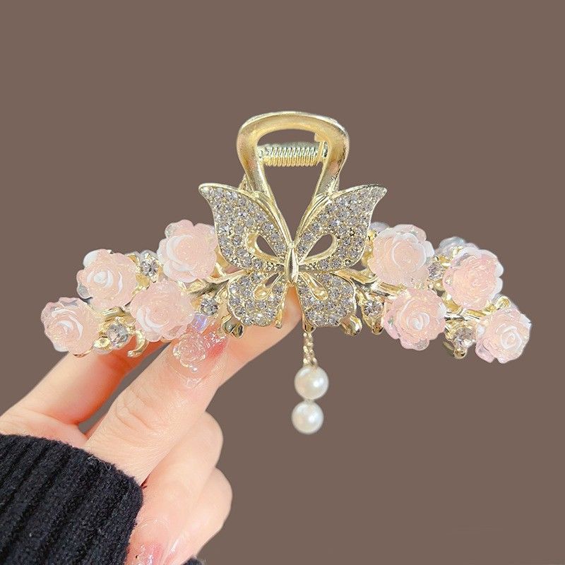 New Linglan flower tassel curled hair clip hair accessory, antique style hair clip at the back of the head, summer flower shark clip for women's hair clip, fashionable and elegant,Minimalist and versa