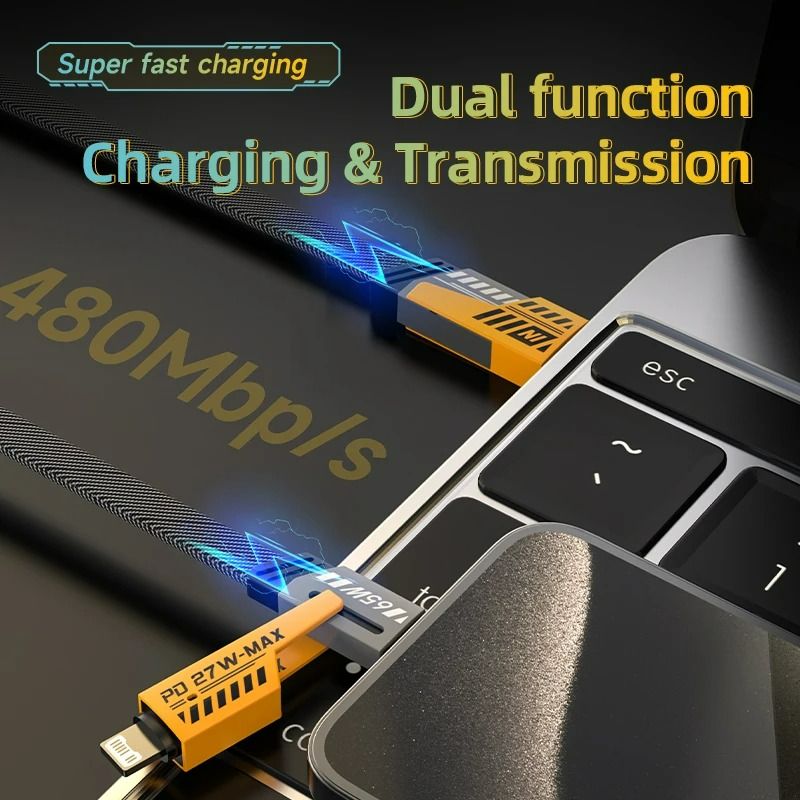 4 in 1 Flat Braided Cable  Type C iPhone 65W Multi Port PD Fast Charging Data Transfer iPad Charger Cord Combo For iPhone Android USB Type C Samsung iPhone Xiaomi Huawei Tecno Itel Infinix OPPO