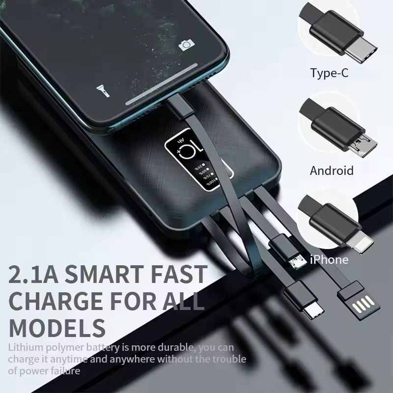 【Besundy】Built in 4 Cables 10000mAh Portable Power bank Comfortable Handshake 4-wire Led Display Powerbank Fast Charge Dual Output Ports