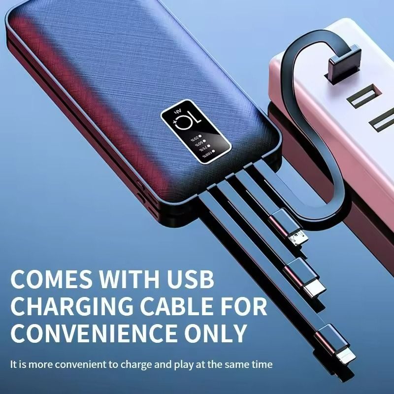 【Besundy】Built in 4 Cables 10000mAh Portable Power bank Comfortable Handshake 4-wire Led Display Powerbank Fast Charge Dual Output Ports