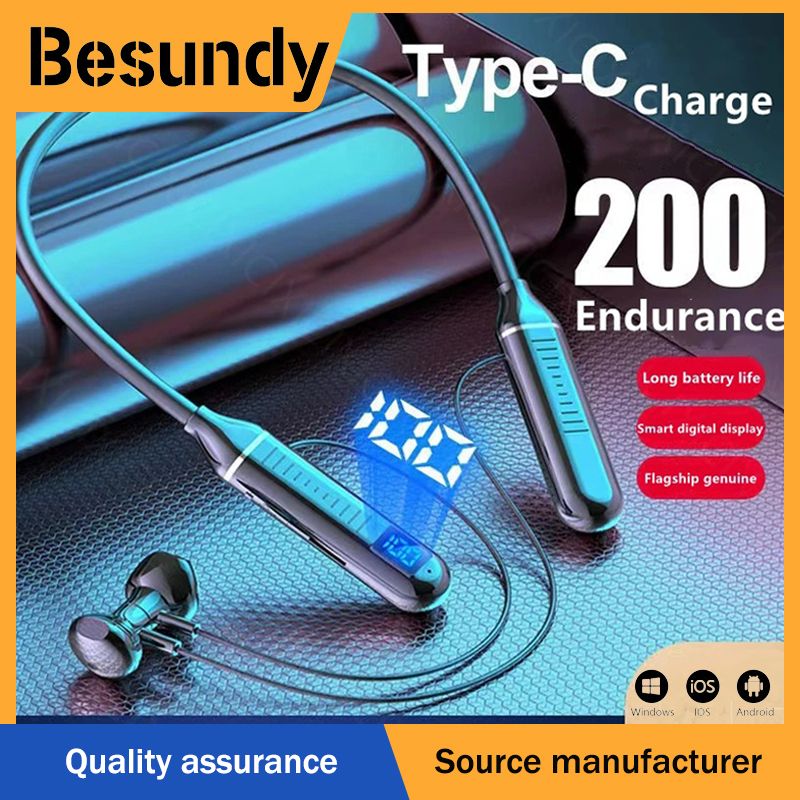 【Besundy】Wireless Sports Earphone Neckband Headphones Bluetooth LED Display Stereo HIFI Headset Sports Waterproof Earplugs Noise Reduction Earpods With High-capacity Battery