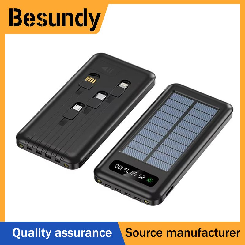 Outdoor With 4 Cables 10000mAh Solar Power Bank Portable 4-wire Fast Charge Dual Output Ports Mobile Power Supply Black