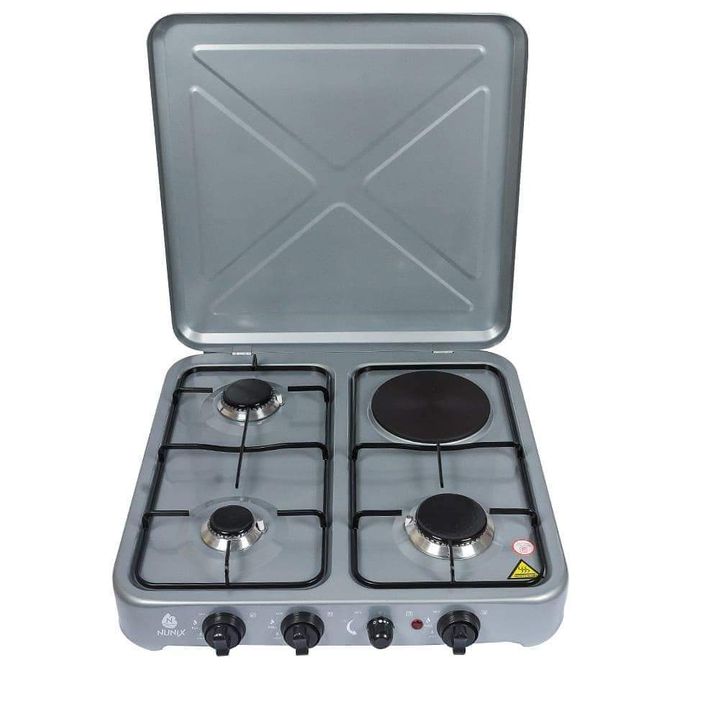 Nunix 3 Gas and  1 Electric Hot Plate Satinless Steel Table Top Gas Cooker Burner Stove