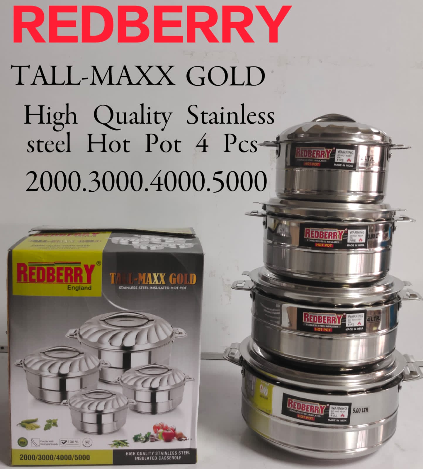 4Pcs of Redberry Tall Max Stainless Steel Hotpots Insulated Casserole Hot Pots for Serving Food and Keep Food Hot Servare Dish Set  (2000, 3000, 4000 and 5000ML)