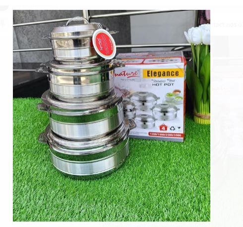 4pcs of Signature Elegance Stainless Steel Hotpots Serve Hot or Cold  Hot Pots for Serving Food and Keep Food Hot Servare Dish Set  (1000, 1500, 2500 and 3500ML)