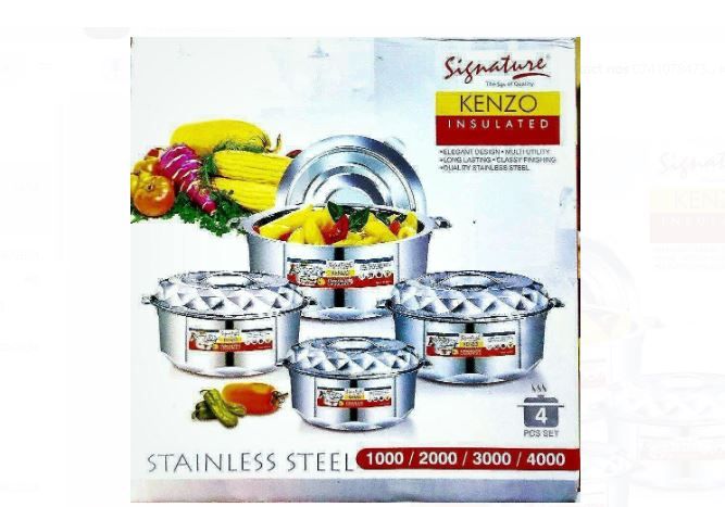 4pcs of Signature Kenzo Insulated Stainless Steel Hotpots Casserole Serve Hot or Cold  Hot Pots for Serving Food and Keep Food Hot Servare Dish Set  (1000, 2000, 3000 and 4000ML)