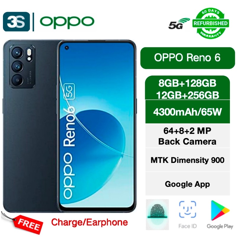 Refurbished Phones OPPO Reno 6 Smartphone 5G 6.4'' MTK Dimensity 900 8+128GB/12+256GB 90Hz AMOLED Dual SIM 4300mAh 65W Fast Charge 64+8+2MP Rear Camera 32MP Front Camera