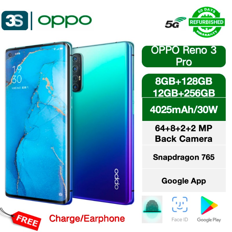 Refurbished OPPO Reno3 Pro (Reno 3 Pro Original Screen, Support Fingerprint ) 5G Dual SIM 8+128GB 6.5'' AMOLED 90Hz Screen 4025mAh Snapdragon 765 Back Camera 48MP+13MP+8MP+2MP Front Camera 32MP Ah 30W