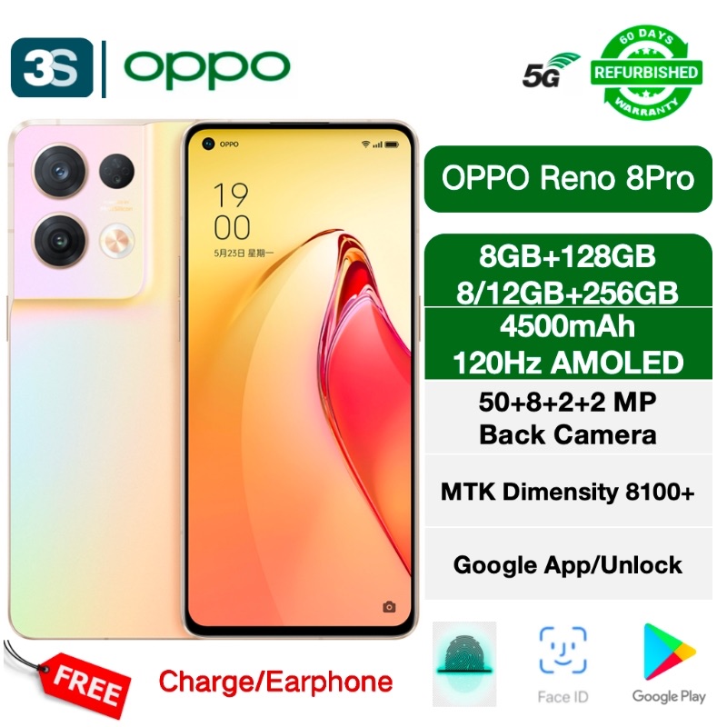 Refurbished Phone OPPO Reno 8 Pro 5G 6.62'' 128/256GB Dual SIM 120Hz AMOLED Screen 4500mAh 80W Charge 50+ 8+2MP(Main Camera) 32MP Front Camera MTK 8100