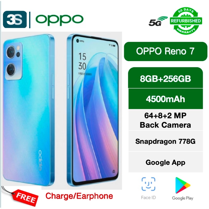Refurbished Phones OPPO Reno 7 5G 6.43'' 8GB+256GB Non Original（No fingerprint） Screen LCD Dual SIM Display 4500mAh Support 60W Fast Charge 64+8+2MP Back Camera 32MP Front Camera Snapdragon 778G