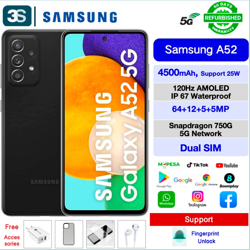 Refurbished Phone SAMSUNG A52 5G Dual SIM IP67 6.5'' 120Hz Super AMOLED 4500mAh 64MP+32MP Camera Fingerprint Unlock Snapdragon 750G